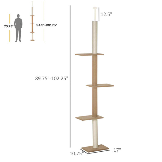Floor-to-Ceiling Cat Tree Cat Climbing Tower With Sisal-Covered Scratching Posts Natural Cat Tree Activity Center For Kittens Cat Tower Furniture, Light Brown