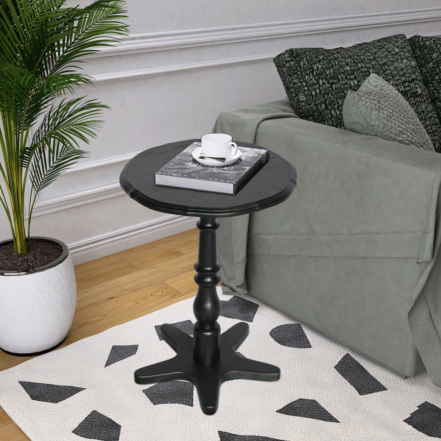 15.75 Inch Round Small End Table, Wooden Pedestal Side Coffee Tables, Vintage Accent Nightstand For Living Room, Bedroom, Entryway  Black