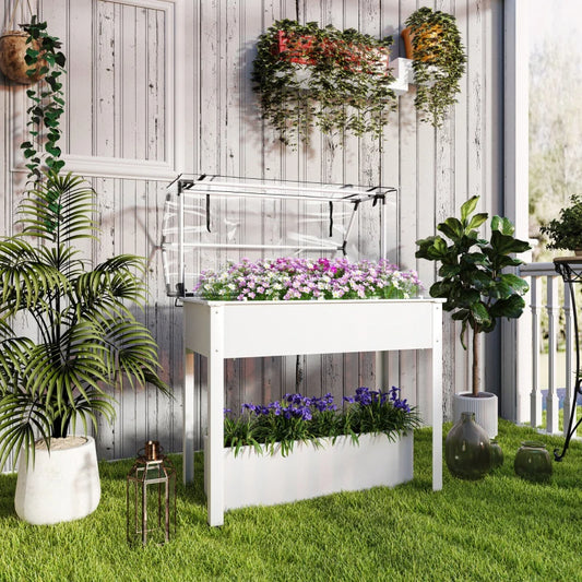 Elevated Garden Box With Greenhouse Cover, Raised Garden Bed With Legs And Drainage Hole For Vegetables, White