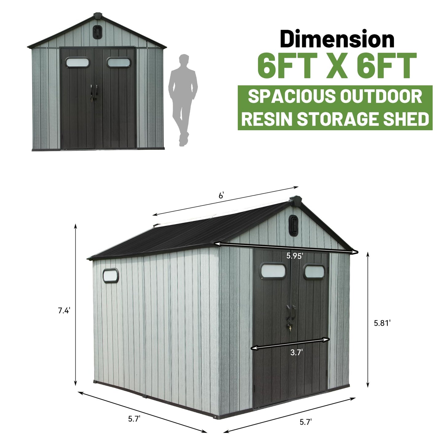 6X6 FT Outdoor Resin Storage Shed, Waterproof Plastic Garden Shed With Lockable Door, Windows & Vents, Outside Storage Tool Shed For Patio Furniture, Lawn Mower, Bike