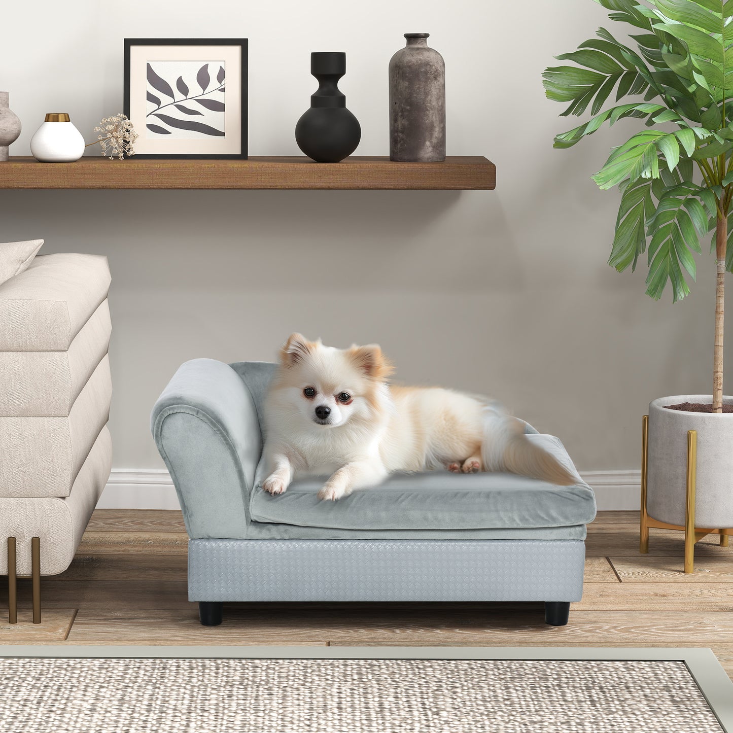 Luxury Fancy Dog Couch With Hidden Storage, Small Dog Sofa Bed With 2" Soft Foam, Modern Pet Furniture For Puppies & Little Breeds, Pale Gray