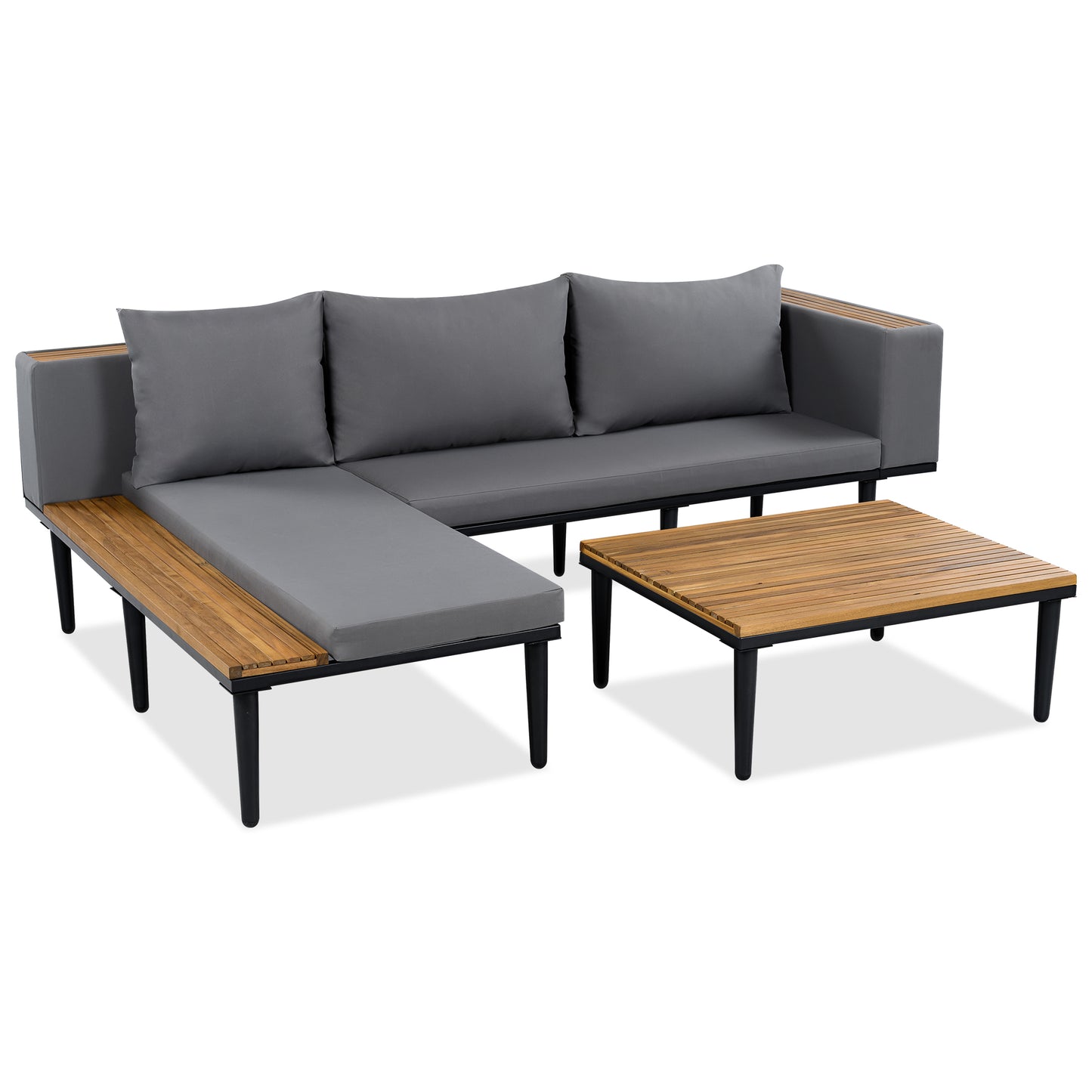 Luxury Patio Furniture Set With Removable Cushions And Coffee Table, L-Shaped  Acacia Wood Sofa With Side Table, Outdoor Conversation Sectional Sofa  For Backyard, Porch, Gray