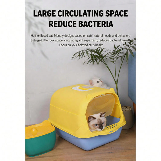 Fully Enclosed Cat Litter Box With Hood And Handle Durable With Flap On Front