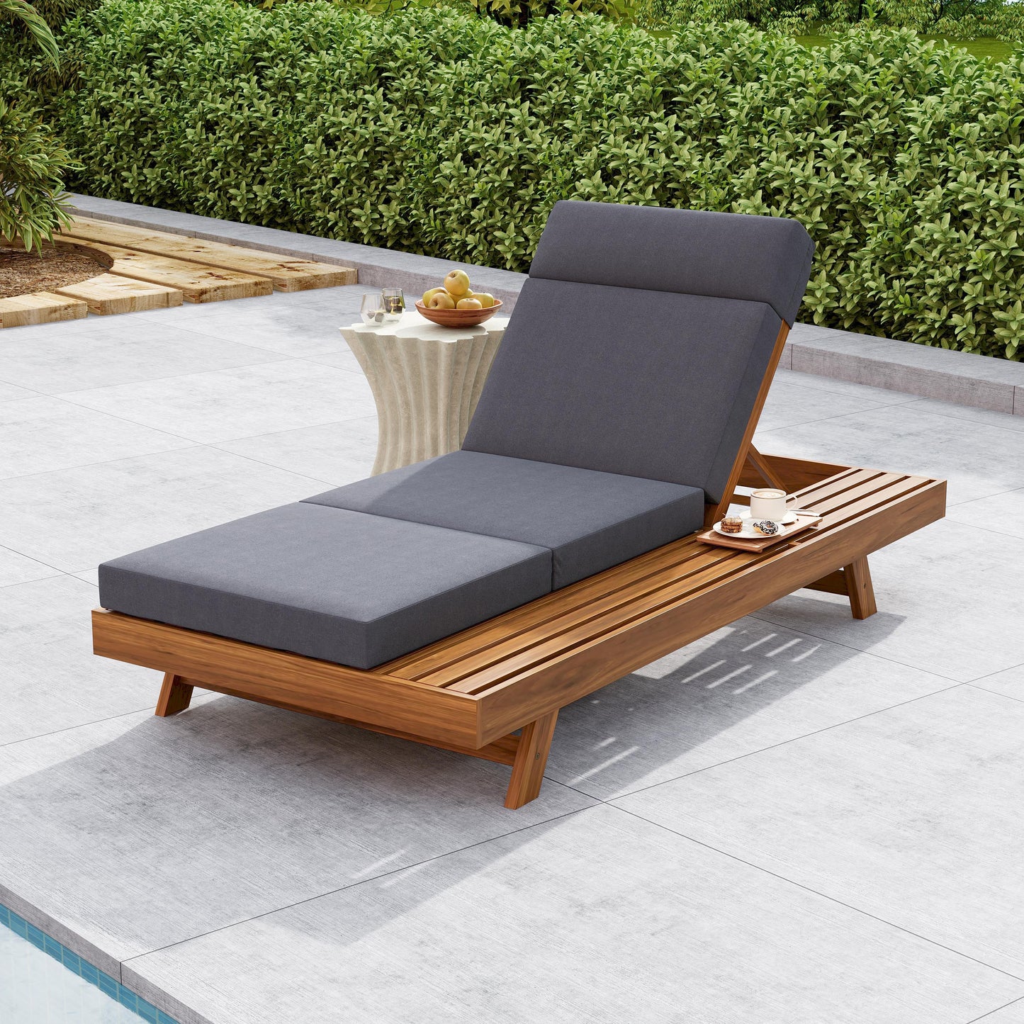 LOUNGE CHAISE SET WITH HEADREST,SPACE AVAILABLE ON ONE SIDE, ACACIA WOOD WITH WATER-RESISTANT LOUNGE CUSHIONS  DARK GREY & 3-FOLD & 4 Inch  - MATCHING CREAM BEIGE VERSION AVAILABLE