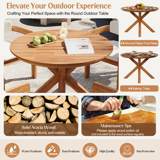 5-Piece Outdoor Acacia Wood Round Dining Set, Solid Wood Patio Table With 4 Barrel Chairs, Cushioned Seats & Backs, Modern Garden Conversation Set, Beige Cushion