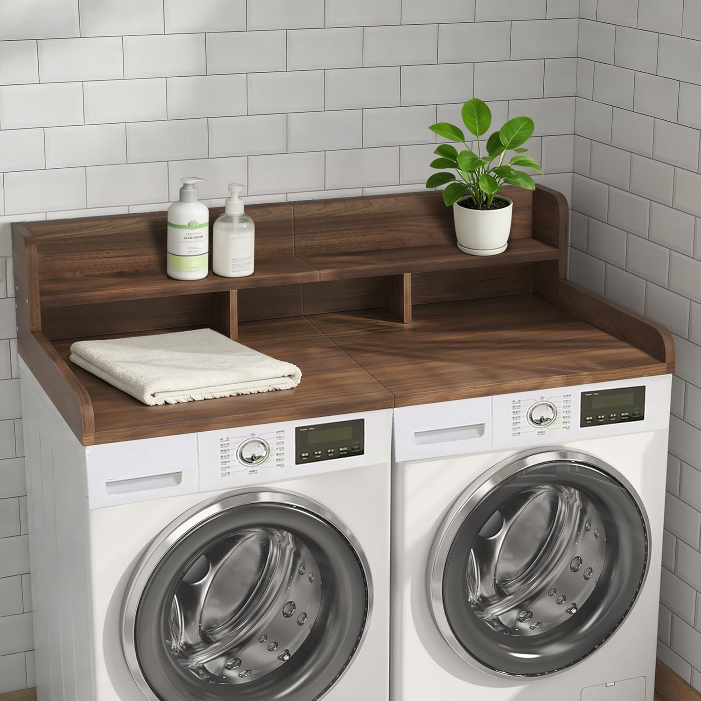 Washer Dryer Countertop With Non-slip Pads, Laundry Wood Shelf Topper With Edge, 54 Width X 27.5 Depth Double Layer Organizer For Washer And Dryer Laundry Hamper Counter Storage Organization DW