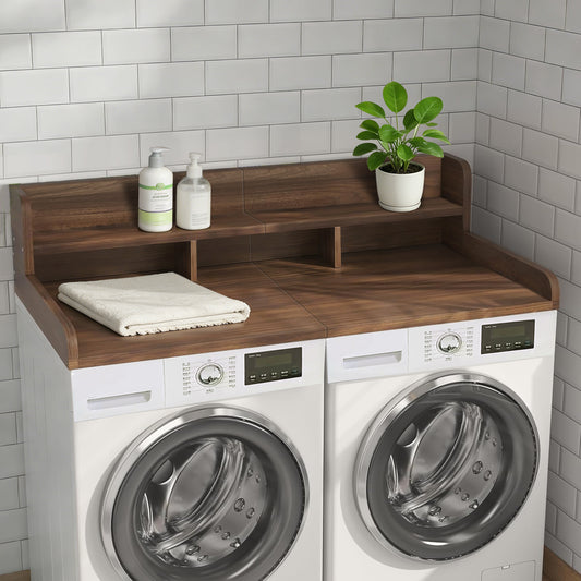 Washer Dryer Countertop With Non-slip Pads, Laundry Wood Shelf Topper With Edge, 54 Width X 27.5 Depth Double Layer Organizer For Washer And Dryer Laundry Hamper Counter Storage Organization DW