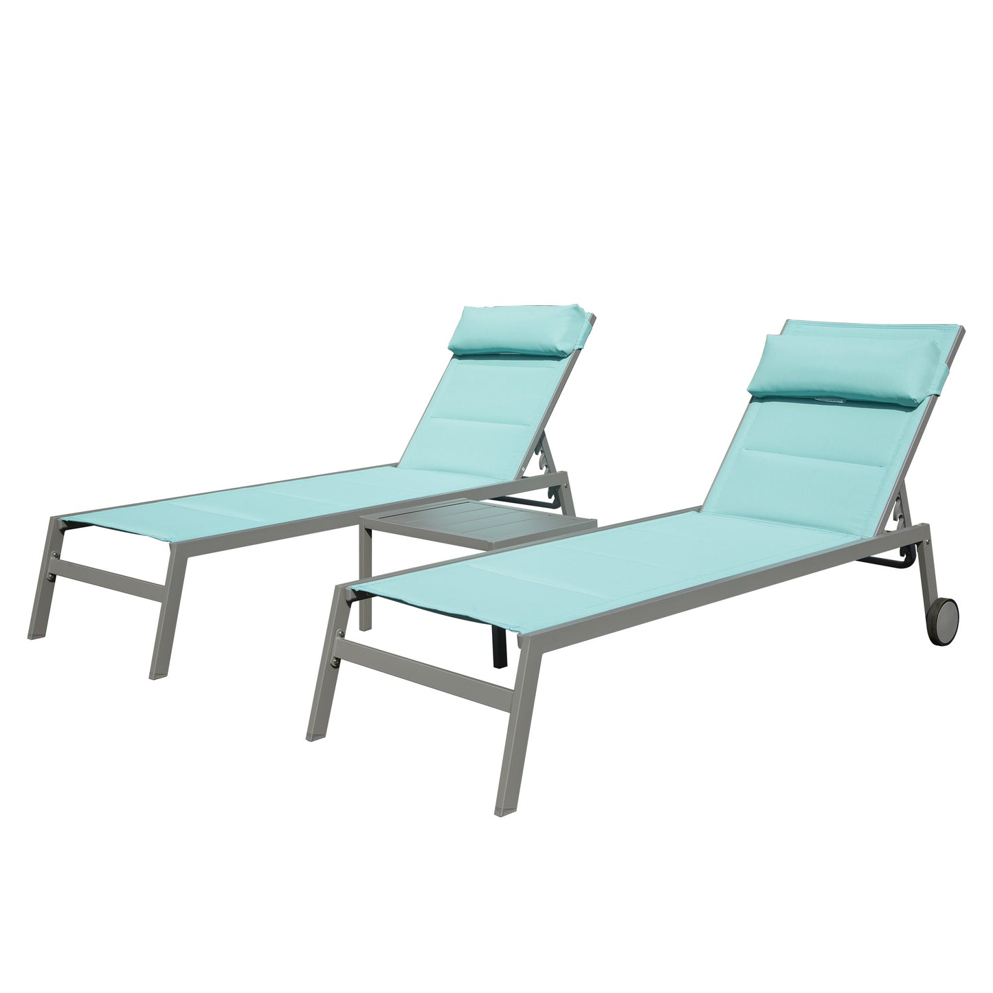 Outdoor Patio Chaise Lounge Set Of 3, Aluminum Pool Lounge Chairs With And Wheels, Textilene Padded Adjustable Recliner All Weather For Poolside, Beach, Yard, Balcony  Lake Blue