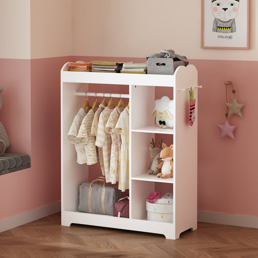 Kids Dress Up Storage With Mirror And Hooks, Wooden Dress Up Clothes Rack With Hanging Rod, 3 Side Hooks, Storage Shelves And Top Shelf, Toddler Costume Organizer For Playroom Bedroom Nursery  White