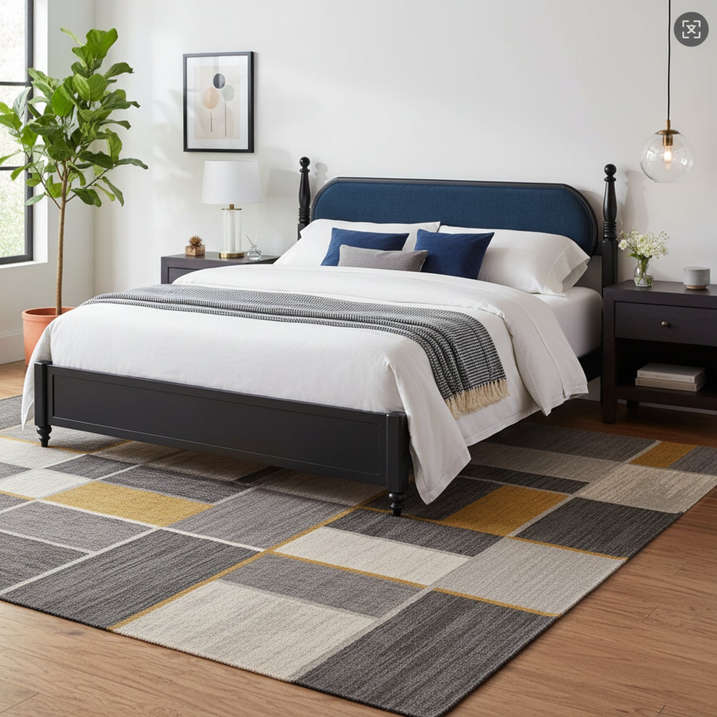 King Bed Frame, Solid Wood Platform With Slats, Modern Navy Blue & Black Bedroom Furniture, No Box Spring Needed