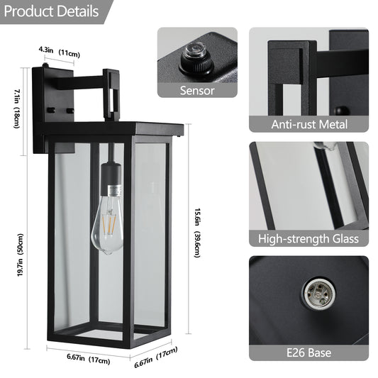 20  H  Set Of 2 Modern Outdoor Wall Lanterns With Black Metal Frame And Clear Glass, Ambient Light Sensors,Weatherproof Wall Sconces For Porch, Garage, Or Entryway Lighting, E26 Bulb Compatible
