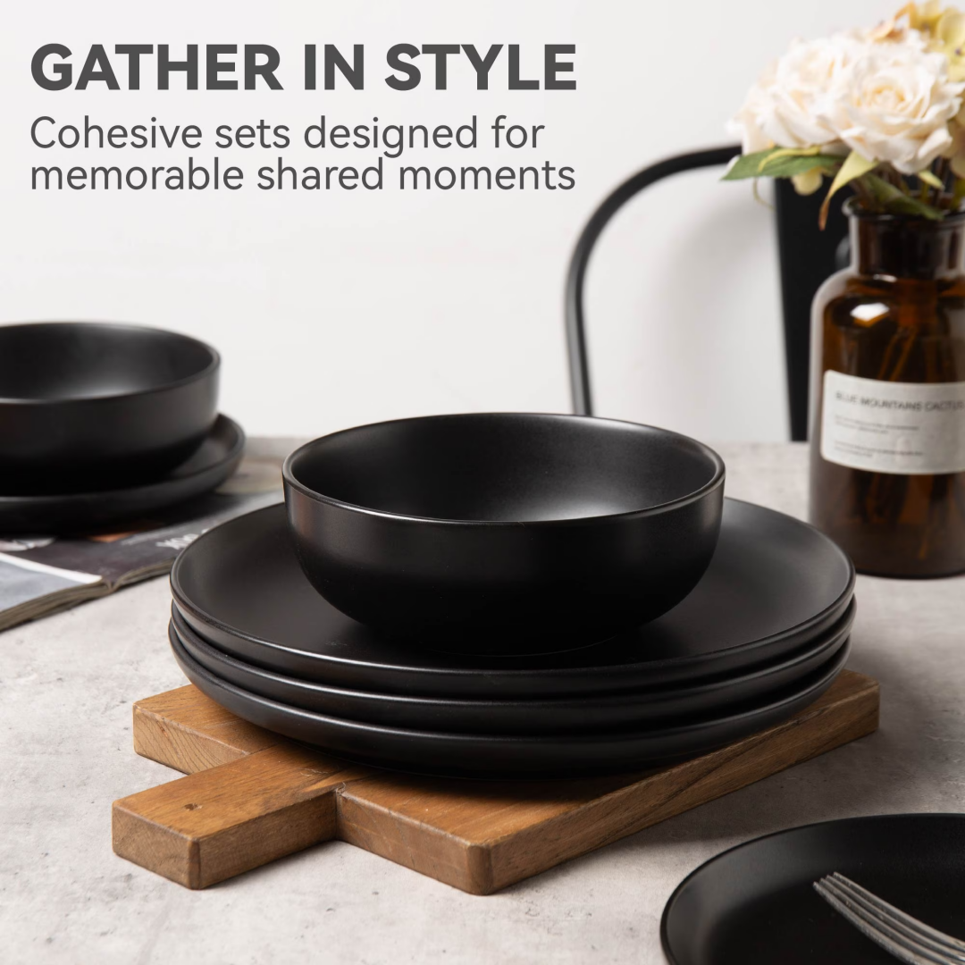 12-Piece Stoneware Dinnerware Sets With Mugs   Microwave & Dishwasher Safe    Non-Toxic Dinner Plates Bowls Set   Stackable Matte Glaze Kitchenware For 3,Black