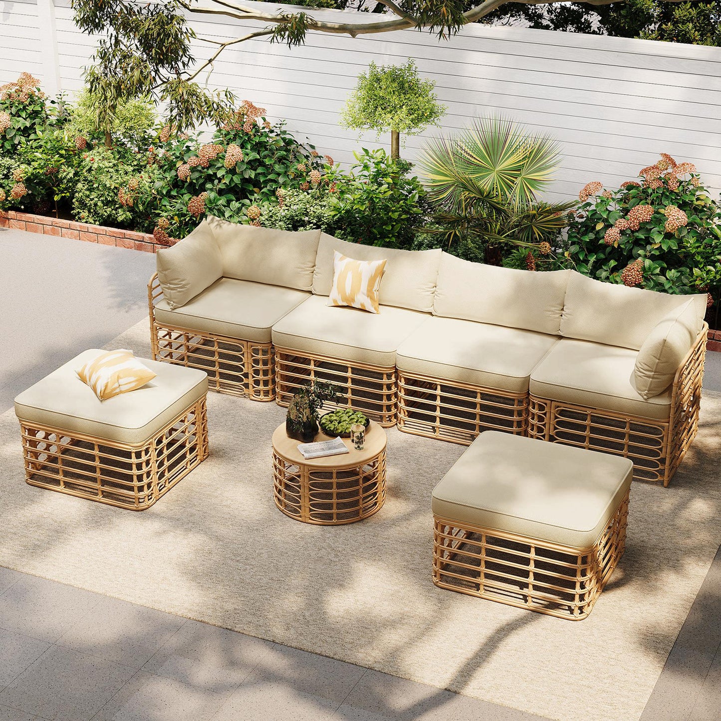 GO 7 Pieces Outdoor Patio Furniture, All-Weather Rattan Sectional Sofa Set With Thick Cushions And Pillows, Freely Combined Conversation Sets For Garden, Backyard, Balcony, Brown