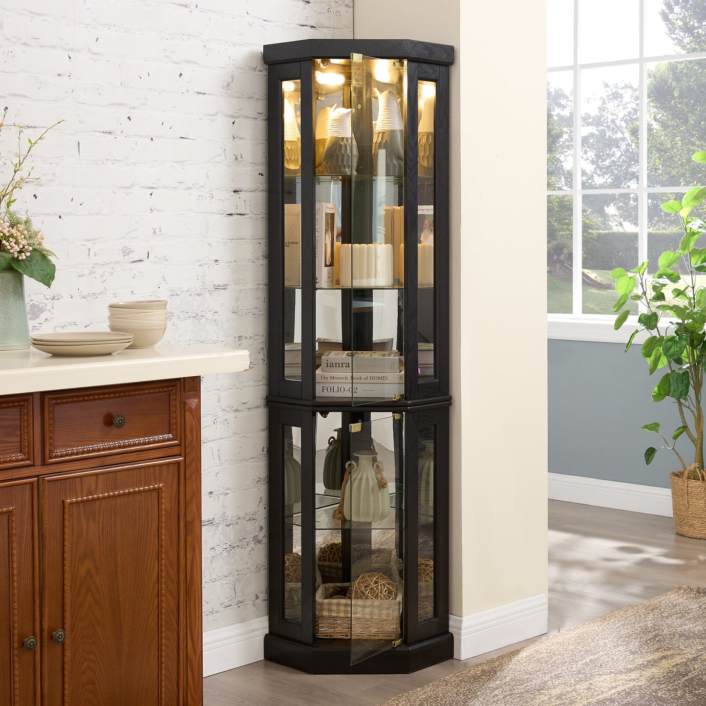 Lighted Corner Curio Cabinet - Display Case For Living Room, Antique Collectibles, Wine & Bar Glass Storage - Elegant Corner Design With Lights Included-BLACK