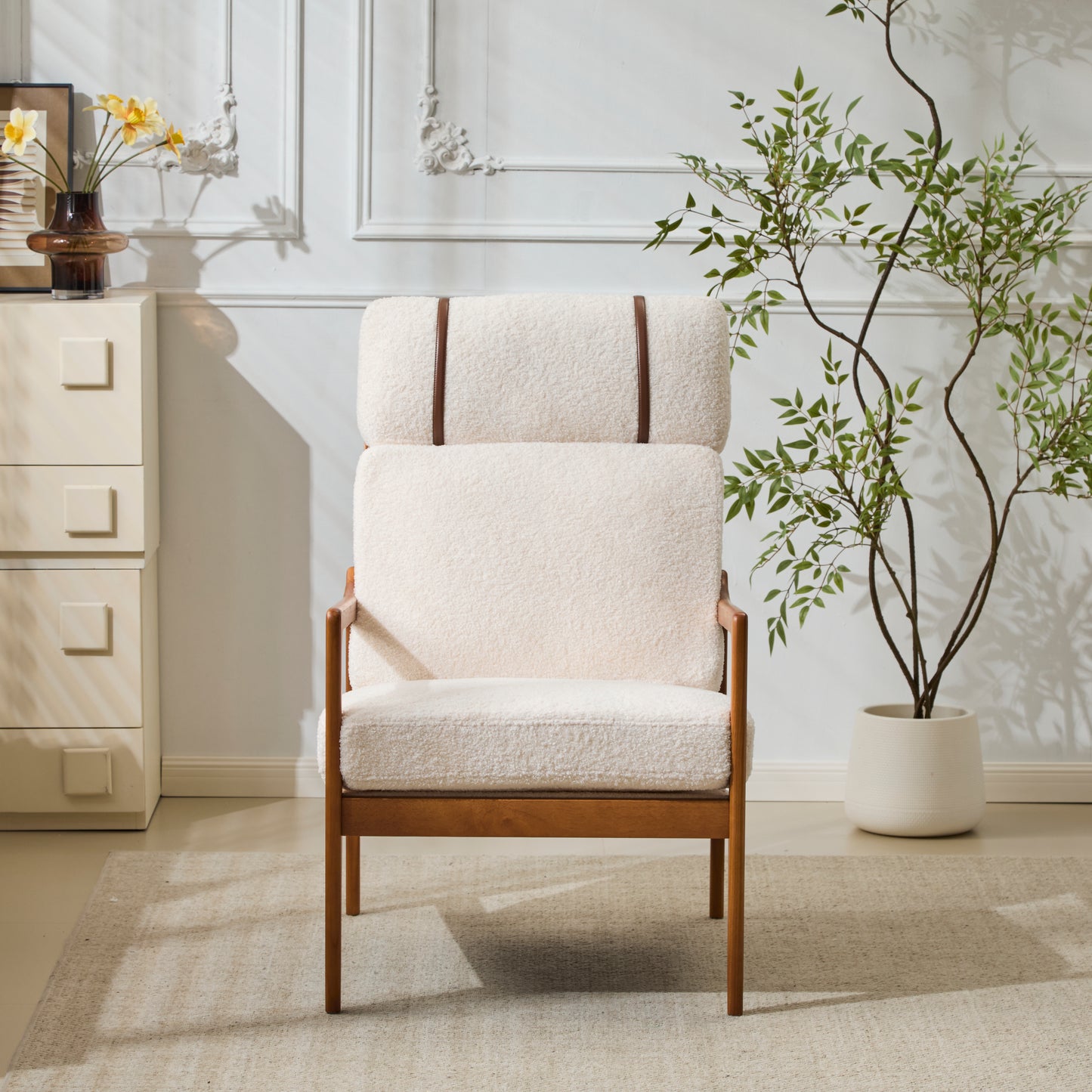 Mid Century Modern Accent Armchair, Solid Wood Frame With High Back, Beige Boucle Upholstered Cushions, Ergonomic Lounge Chair For Living Room Bedroom Reading Nook