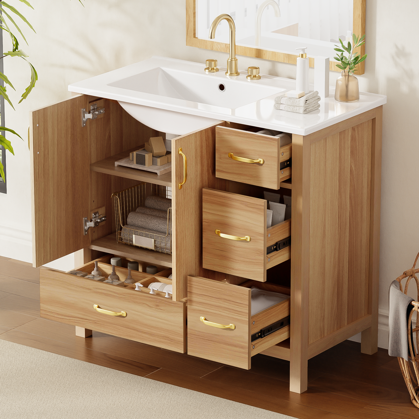 36  Wood Bathroom Vanity With Solid Wood Frame, 2 Soft Close Doors, 4Soft Close Drawers, Adjustable Shelf, Modern Storage Cabinet