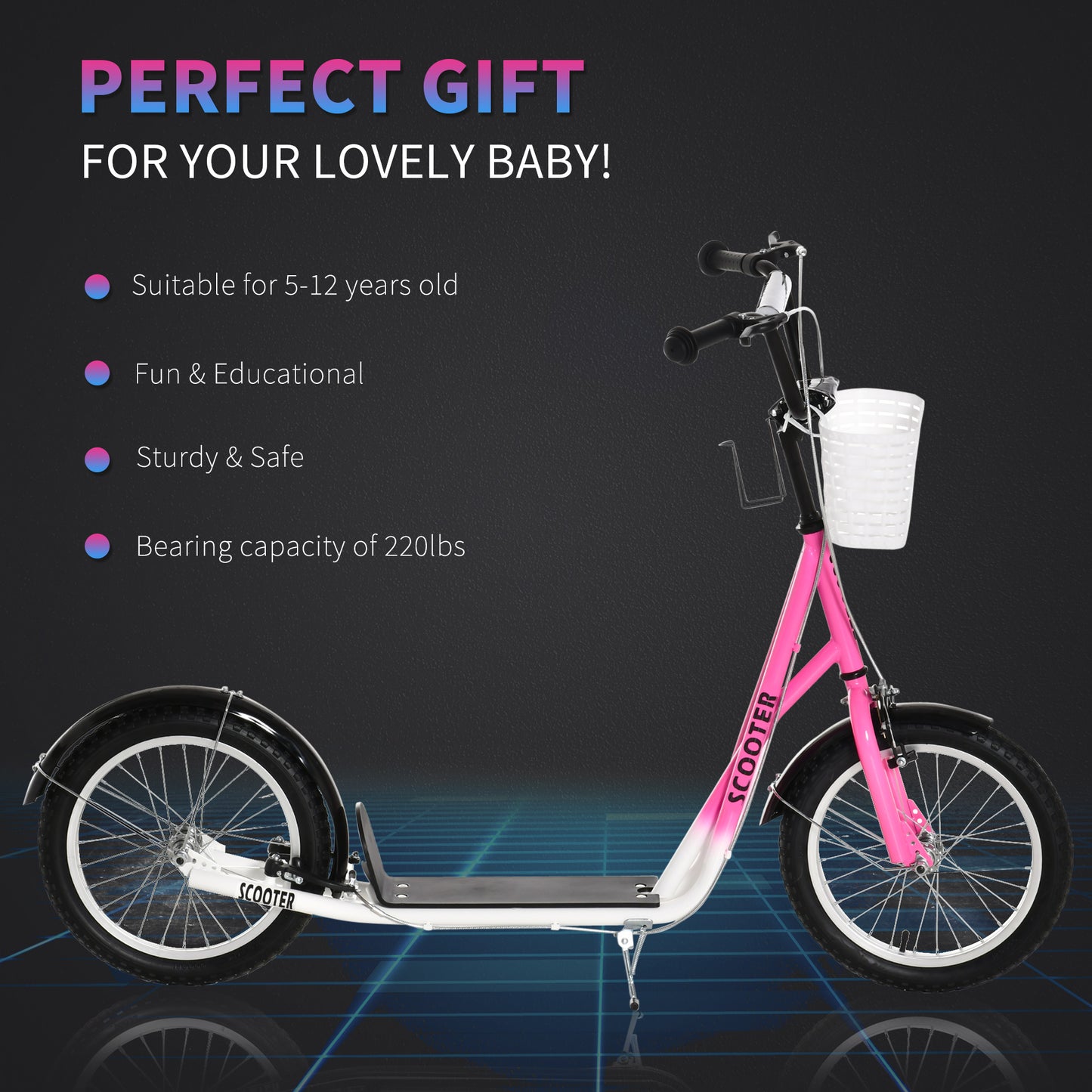 Youth Scooter, Kick Scooter With Adjustable Handlebars, Double Brakes, 16" Inflatable Rubber Tires, Basket, Cupholder, Pink