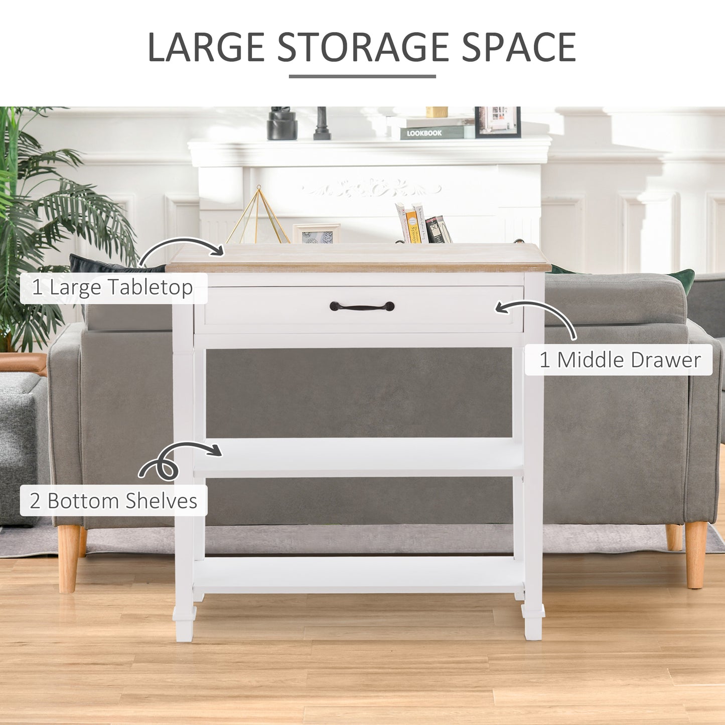 Modern Style Sofa Console Entry Hallway Table With Drawer And Shelves, Sturdy Build, And Large Storage, White