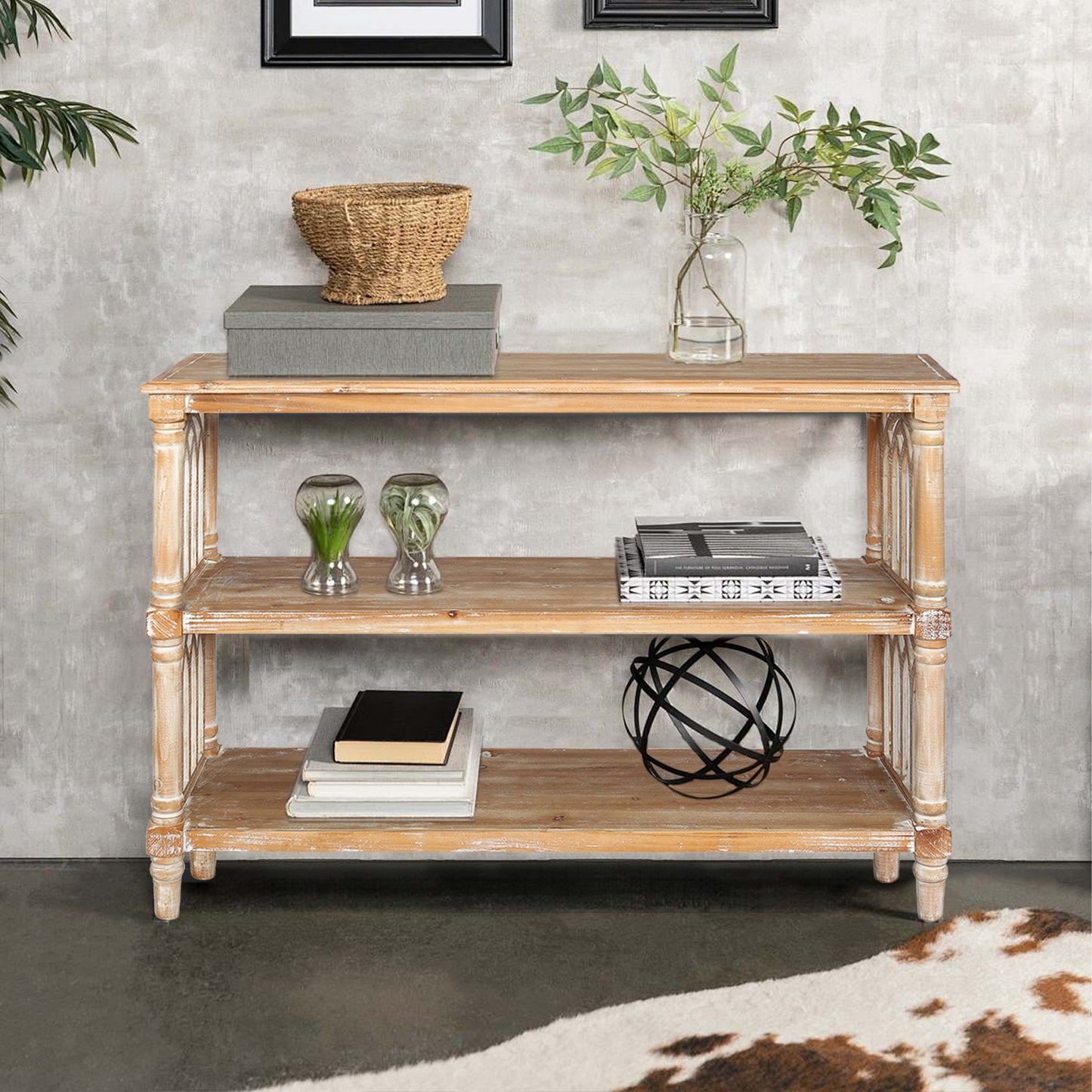 Rustic 3 - Tier Console Table With Gothic - Inspired Details, 47.24  Long Wooden Entryway Table For Living Room And Hallway