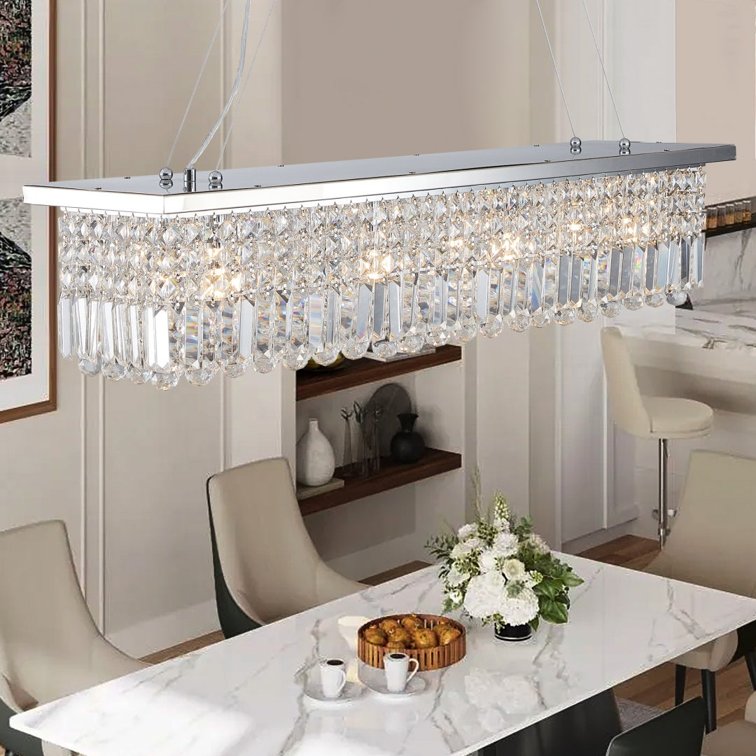 Modern Crystal Chandelier For Dining Room 8-Light White Rectangle Raindrop Chandelier Contemporary Rectangular Pendant Light Fixture For Kitchen Island Bar L39.4  X W9.8  X H8.7  Bulb Not Included