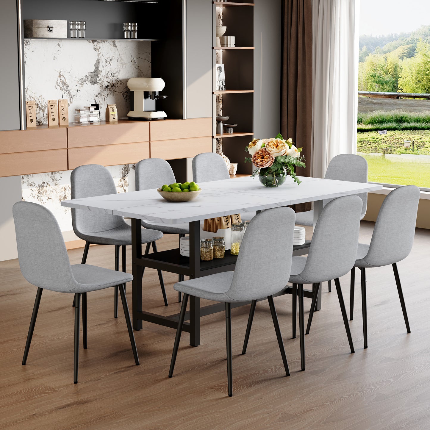Table And Chair Set.71x35.4 Inch White Grain Spliced Dining Table With Storage Function In The Middle Of The Table Legs.Paired With 8 Light Gray Linen-Cotton Material High Resilience Dining Chairs.