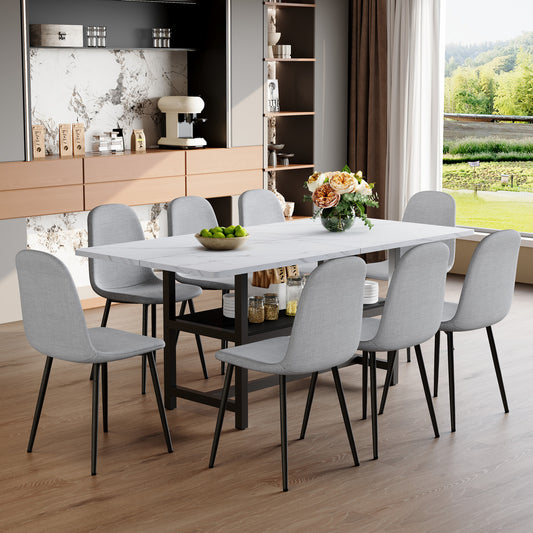 Table And Chair Set.71x35.4 Inch White Grain Spliced Dining Table With Storage Function In The Middle Of The Table Legs.Paired With 8 Light Gray Linen-Cotton Material High Resilience Dining Chairs.