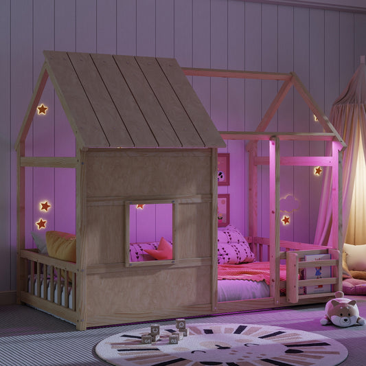 Twin Size House Floor Bed With 7 Colors LED Light Of Natural Color