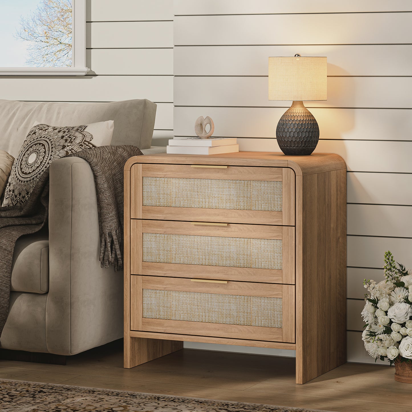 Rattan Nightstand With 3 Drawers Set Of 2, 22.8  Wide Curved Wooden Bedside Table, Modern Storage For Bedroom, Caramel Oak.