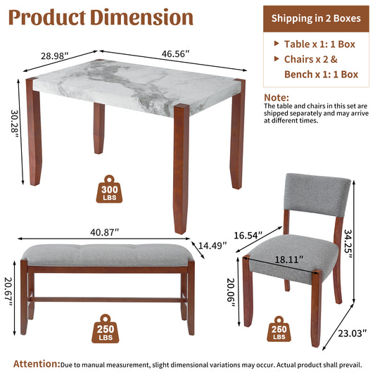 4-Piece Dining Set, 1 Marble-Look Table With 2 Upholstered Chairs And 1 Bench With Solid Rubber Wood Legs, Padded Seat, Curved Backrest, Space-Saving, Dining Room, Gray