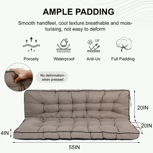 Outdoor Swing Cushions 55 Inch, Waterproof 4' Thick Porch Swing Cushion Replacement With Backrest And Ties, Comfortable 2-3 Seat Pation Swing Pad For Backyard, Garden, Lawn, Outdoor Furniture