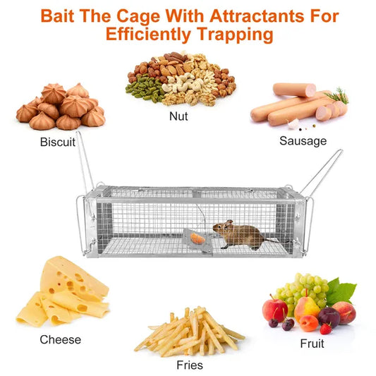 Dual Door Rat Trap Cage Humane Live Rodent Dense Mesh Trap Cage Zinc Electroplating Mice Mouse Control Bait Catch With 2 Detachable U Shaped Rod