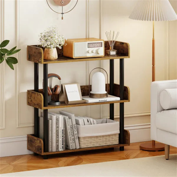 3-Tier Industrial Bookshelf With Anti-Falling Guardrails, 33 LBS Per Shelf Storage Organizer - Rustic Brown