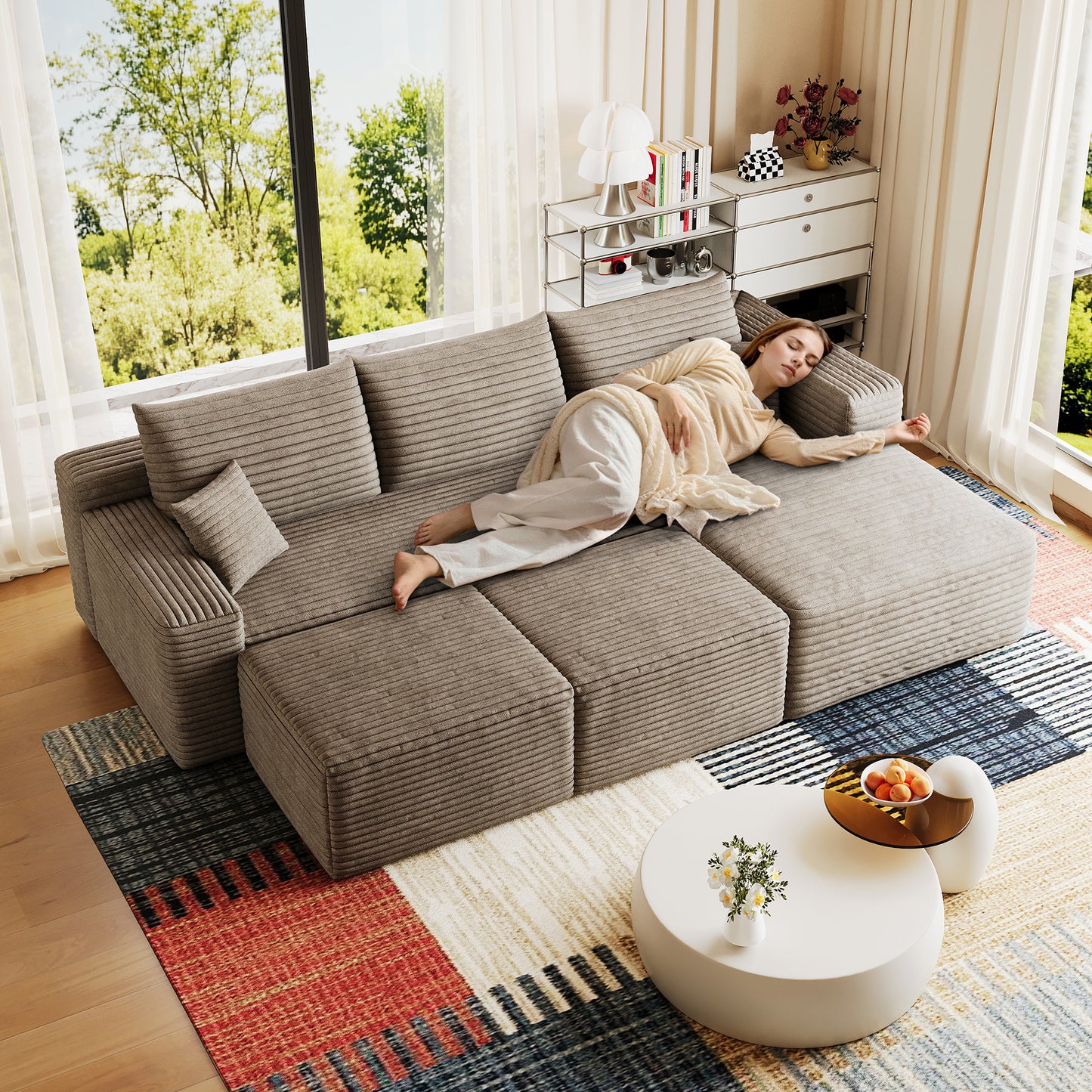95  Cloud Sectional Sofa With 2 Ottoman,Modern Minimalist Upholstered Couches, Comfort U Shaped Sofa For Living Room,Deep Seat Corner Couch,No Assembly Required,Camel Plush Corduroy Fabric