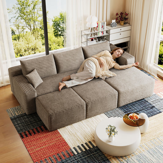 95  Cloud Sectional Sofa With 2 Ottoman,Modern Minimalist Upholstered Couches, Comfort U Shaped Sofa For Living Room,Deep Seat Corner Couch,No Assembly Required,Camel Plush Corduroy Fabric