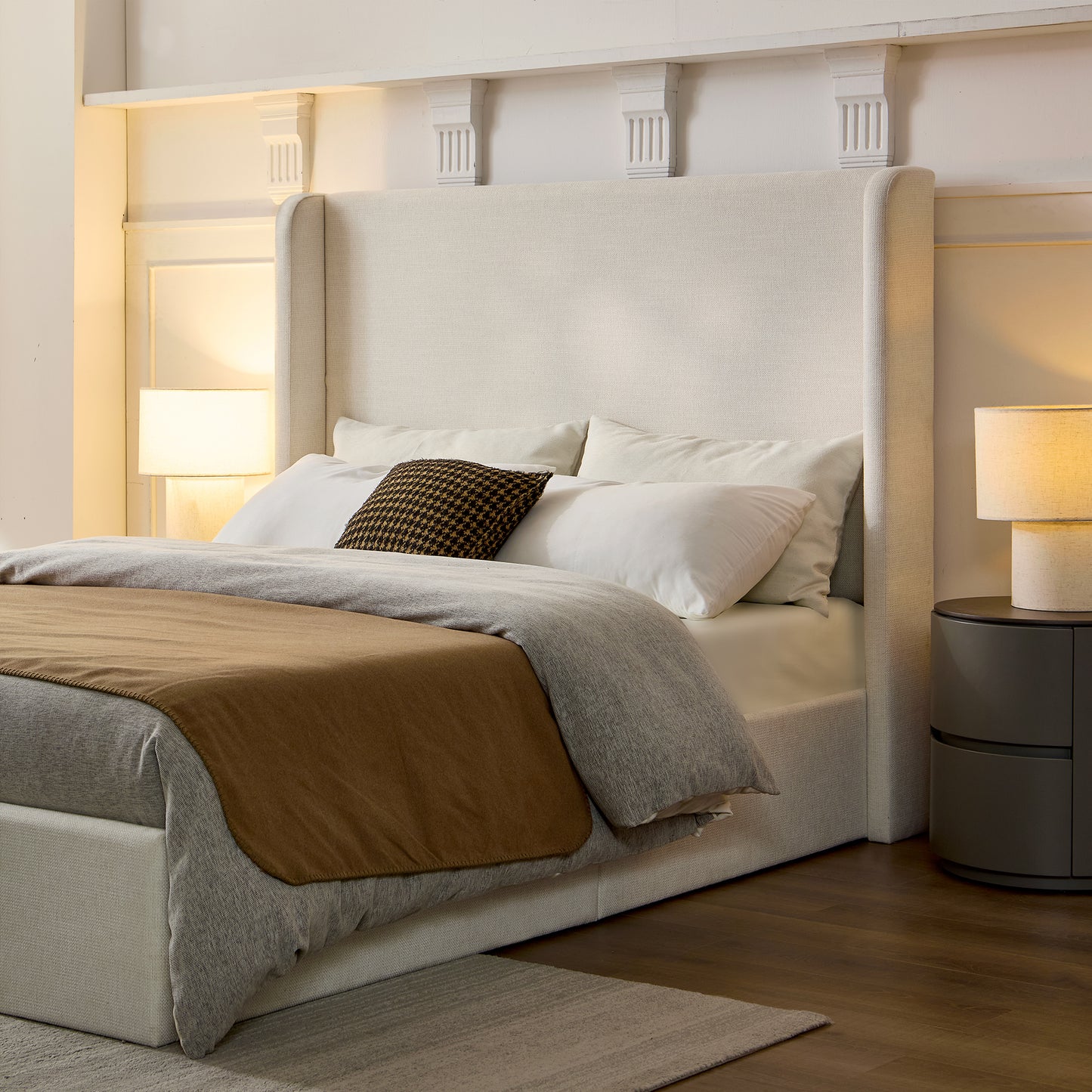 Carmen Upholstered Wingback Bed   Upholstered Platform Bed Frame   52  High Headboard   Simplicity   Minimalist   No Box Spring Needed     California King   Textured Ivory Canvas   No Noise