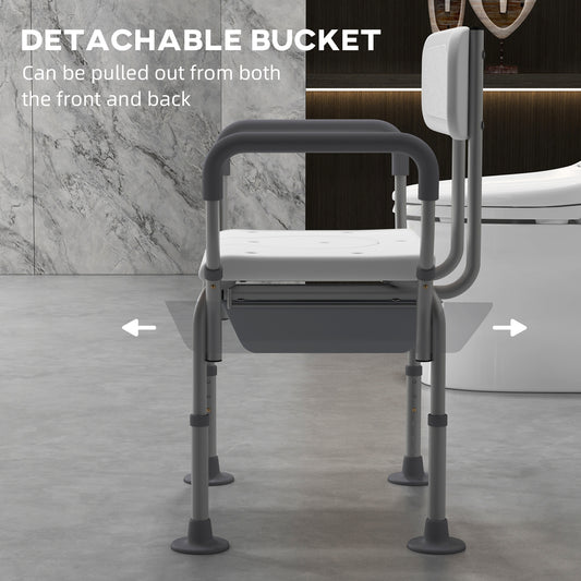 3-in-1 Shower Chair With Back And Arms, Height Adjustable Bedside Commode, Raised Toilet Seat With Non-Slip Rubber Foot Pad For Seniors, Disabled, White