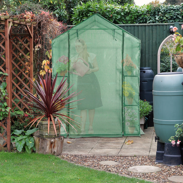 143x143x195cm Black Iron Pipe Steeple With 8 Pieces Grid Flower Stand With Zipper Rolling Door PE Cloth Greenhouse    SAME AS 54690859