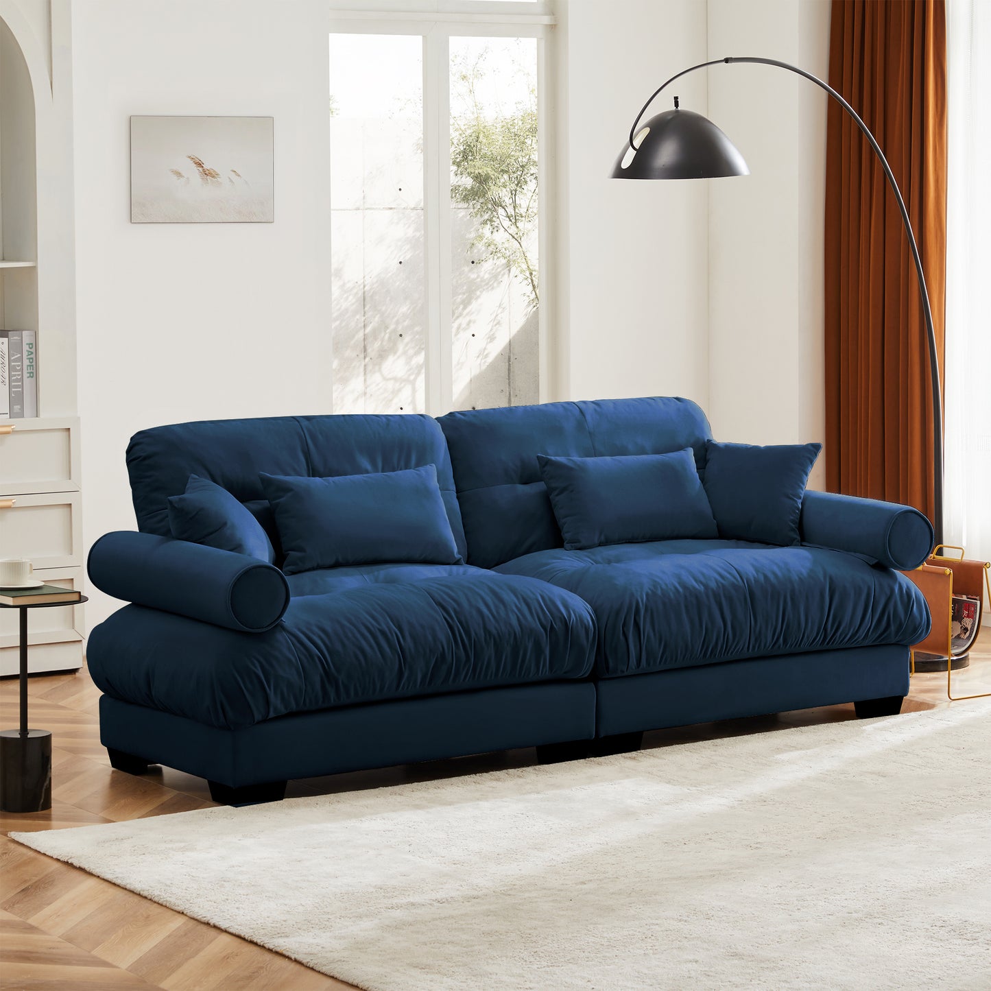 Large Size Modern Two-seater Sofa With Bolstered Armrests,Velvet 2-Seater Sofa With Waist Pillows And Throw Pillows , Suitable For Living Room , Loft, Working Spaces , Hallway And Bedroom,Blue