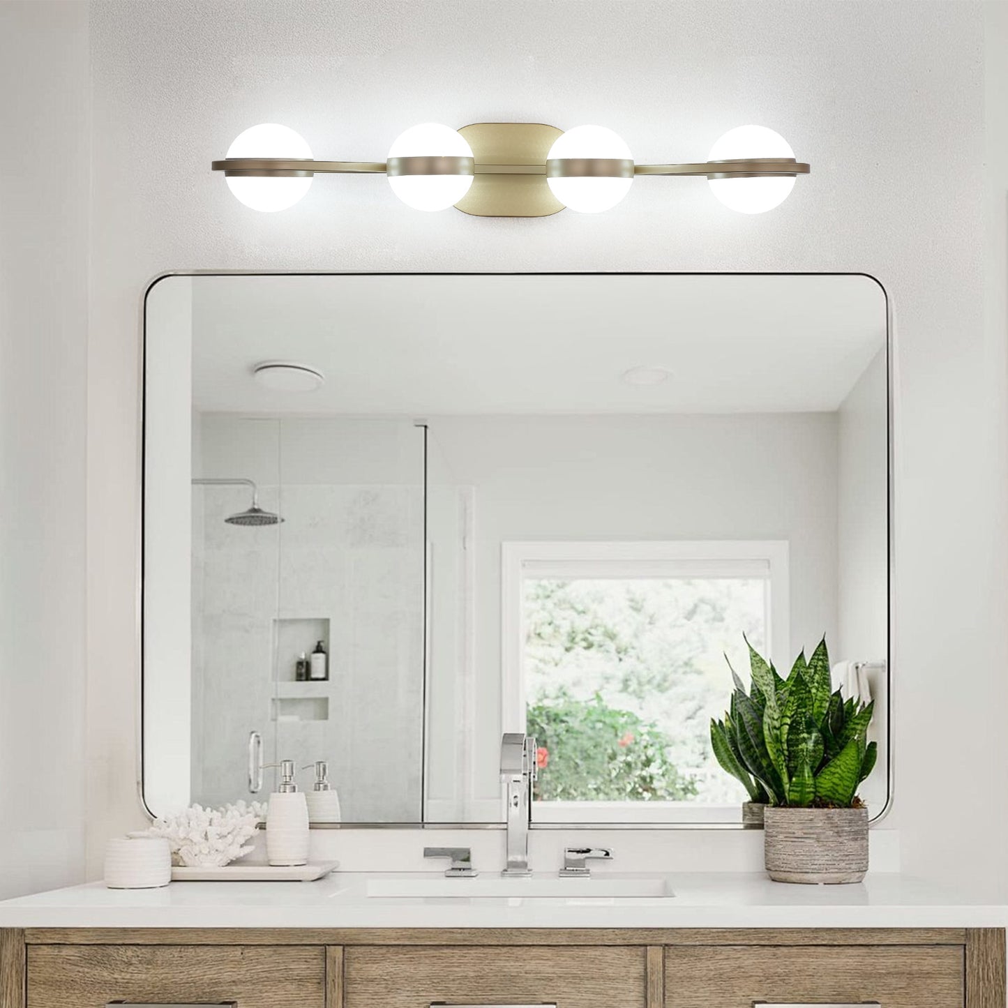28in  Golden Minimalist LED Bathroom Vanity Light With Crystal Sand Acrylic Shades, 4-Light Wall Mounted Decorative Lighting Fixture, Suitable For Bathroom Vanity Mirror
