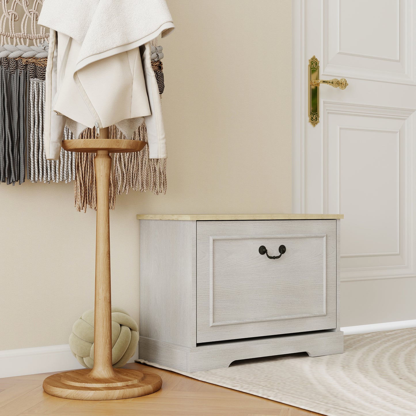 Shoe Storage Bench With 1 Flip Drawer And Adjustable Shelf, Small Shoe Cabinet  For Entryway, Hallway, Bedroom-Antique White