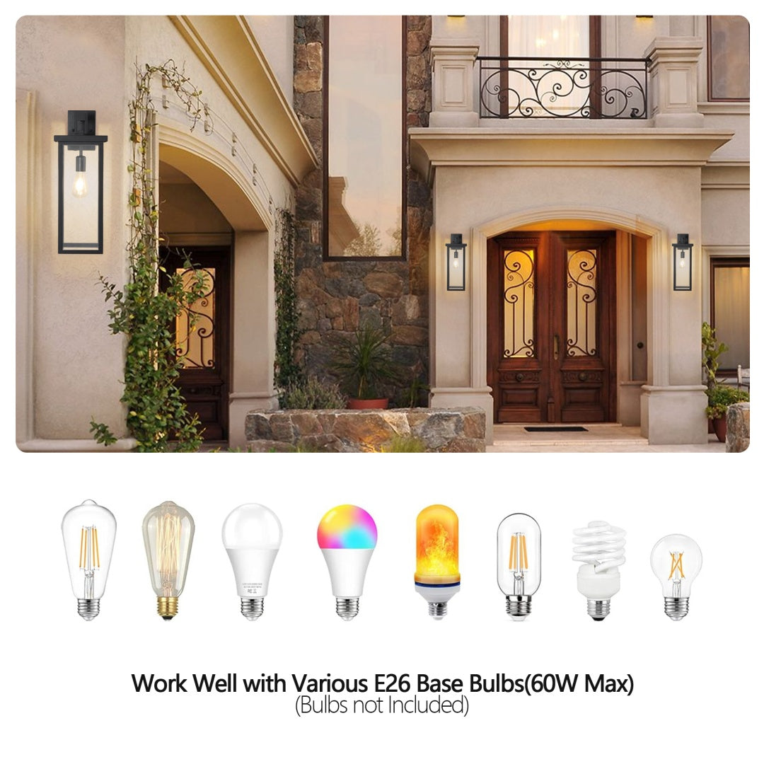 20  H Set Of 2 Modern Outdoor Wall Lanterns With Black Metal Frame And Clear Glass, Weatherproof Wall Sconces For Porch, Garage, Or Entryway Lighting, E26 Bulb Compatible  No Bulbs