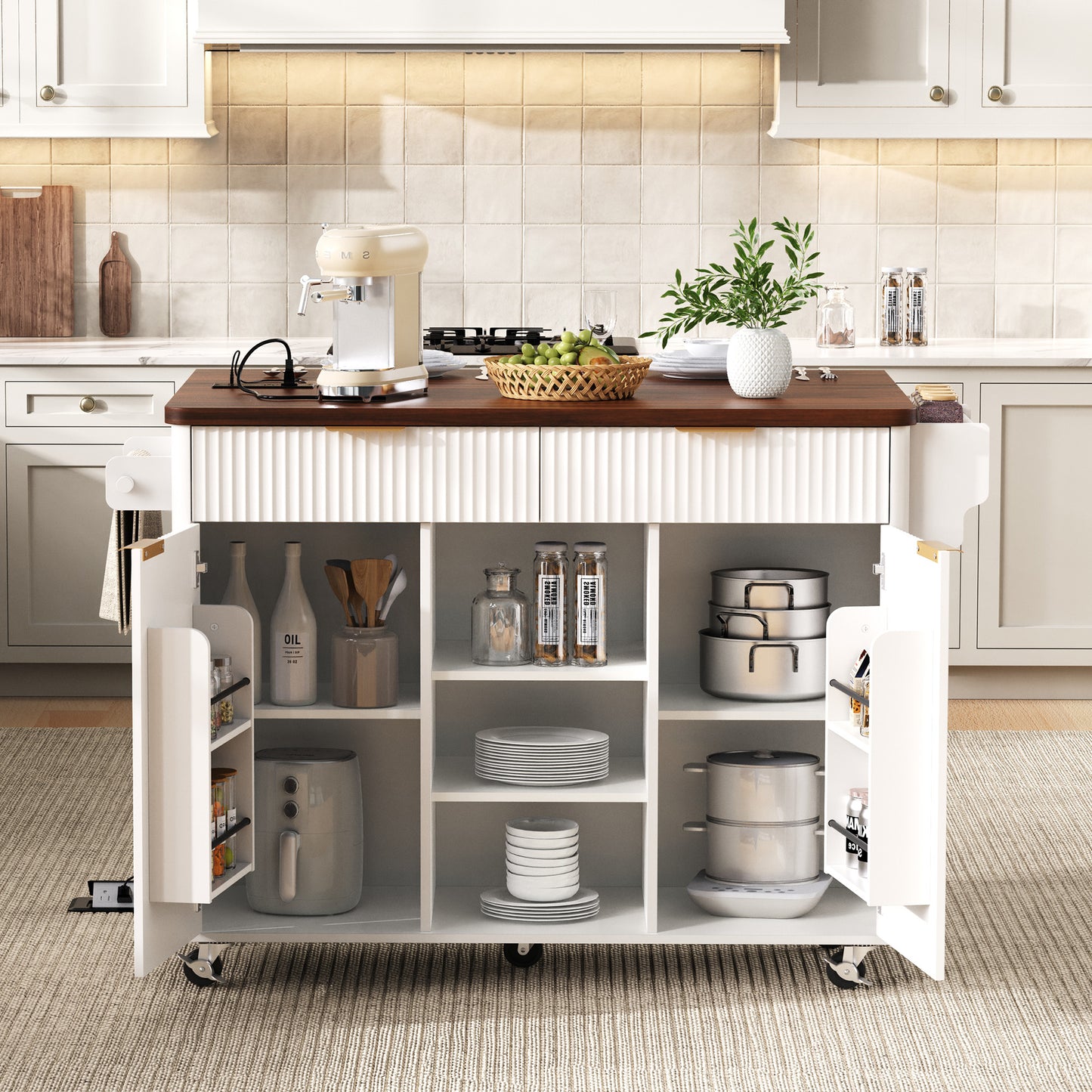K&K 52  Fluted Kitchen Island With Drop Leaf, Power Outlet,  Kitchen Storage Cart With Adjustable Shelves, 2 Doors And 2 Drawers, Rolling Island Table With Walnut Color Top For Kitchen, White