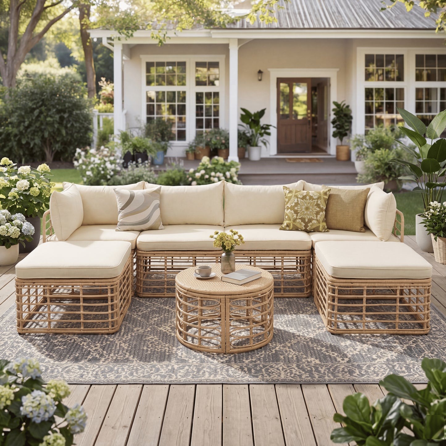 GO 7 Pieces Outdoor Patio Furniture, All-Weather Rattan Sectional Sofa Set With Thick Cushions And Pillows, Freely Combined Conversation Sets For Garden, Backyard, Balcony, Brown