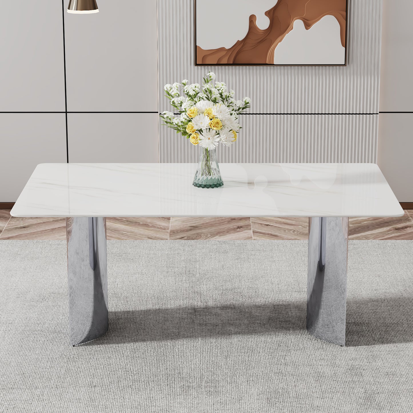 Modern Minimalist Dining Table. The White Imitation Marble Glass Desktop Is Equipped With Silver Metal Legs. Suitable For Restaurants And Living Rooms  71inx39.3inx29.5in DT-69.W1151S00386