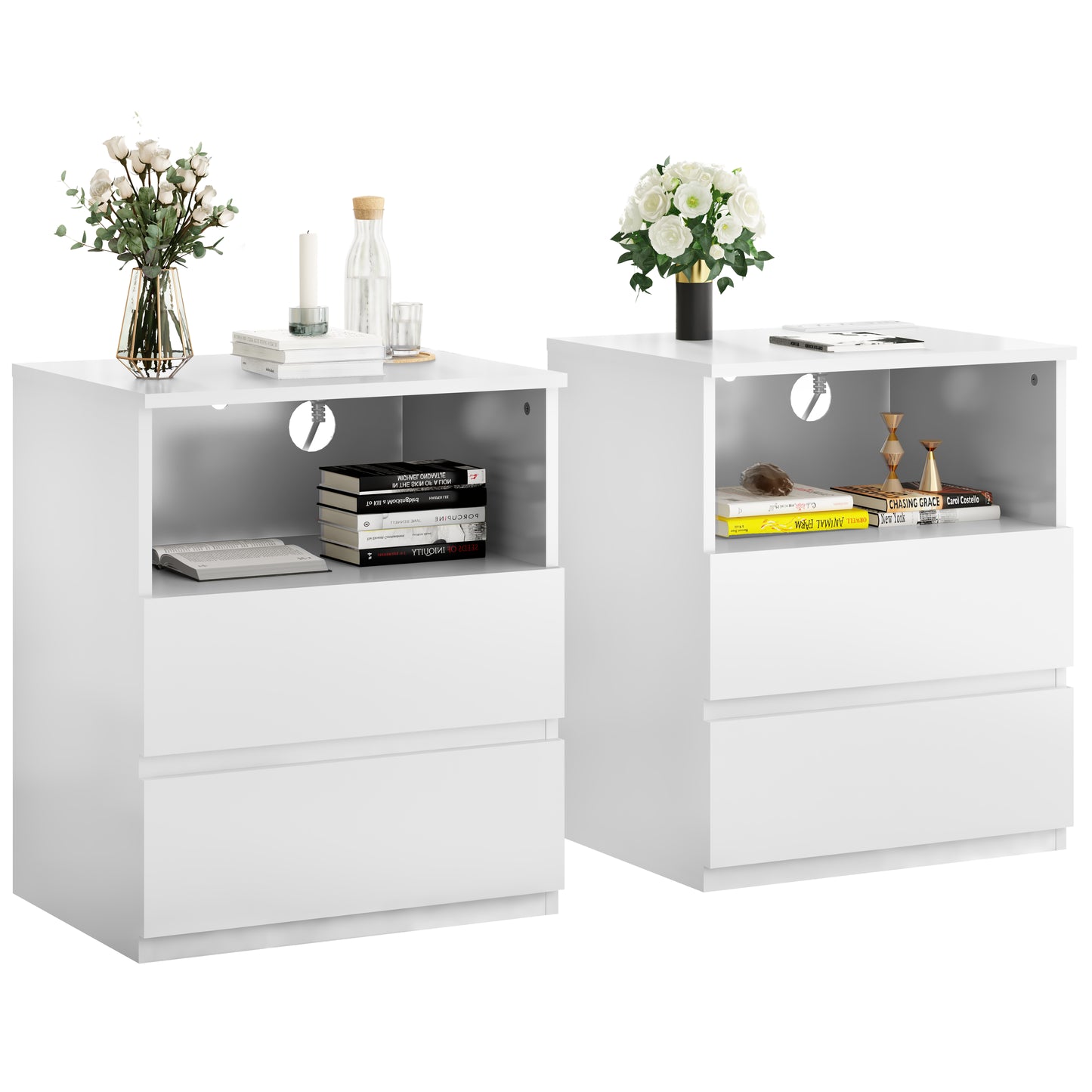 Set Of 2 End Table With Fast USB C Charging Station, Sofa Side Table With 2 Drawers, Large Storage Modern Wood Storage Cabinet For Living Room,Bedroom,Office, White