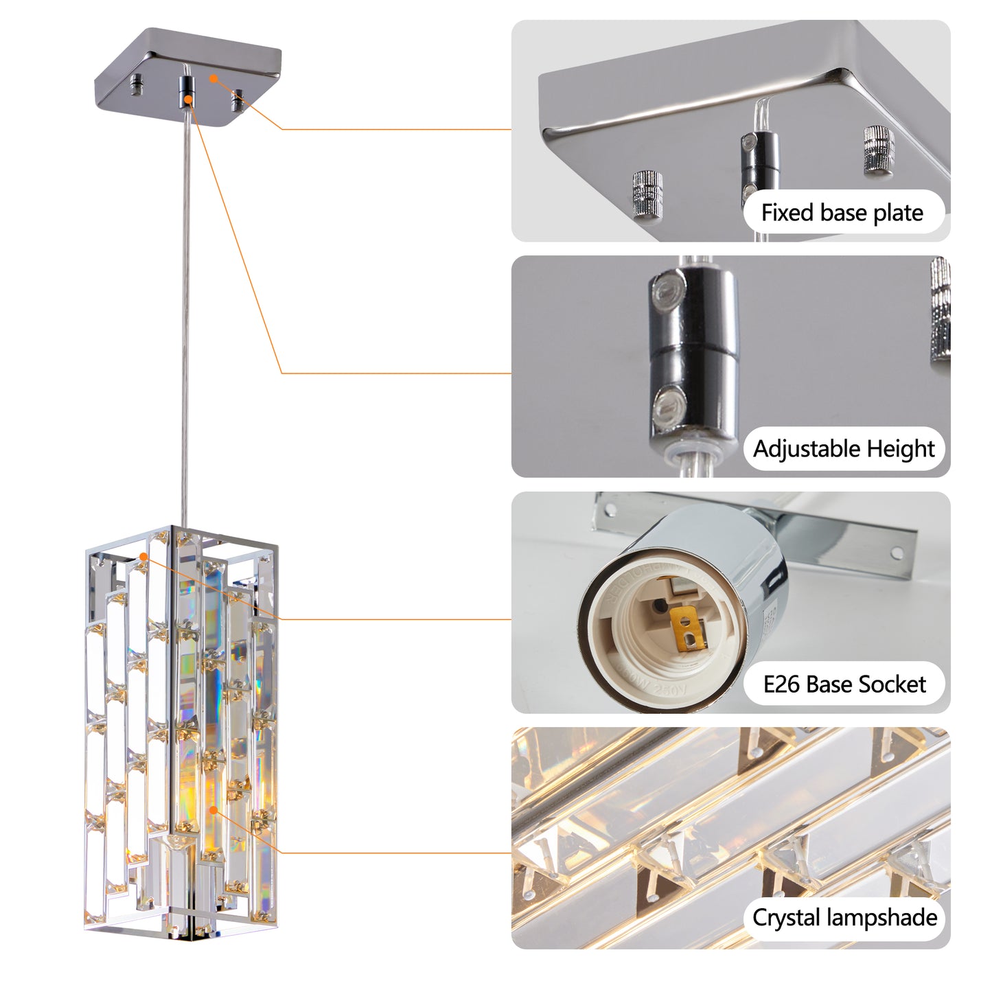 4inch Modern Crystal Pendant Light 3 Pack, Adjustable Hanging Ceiling Lamp With Crystal Prism Design For Dining Room, Kitchen Island, And Living Room -Chrome Finish