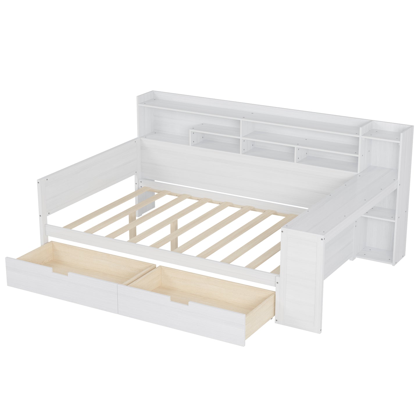 Wooden Full Size Daybed With Storage Shelves, Multi-functional Bed With Two Storage Drawers And  Study Desk, Antique White  Old SKU N733S241486K