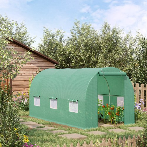 Outsunny 15X 6 X 7 Walk-in Tunnel Greenhouse Garden Plant Growing House With Door And Ventilation Window, Green