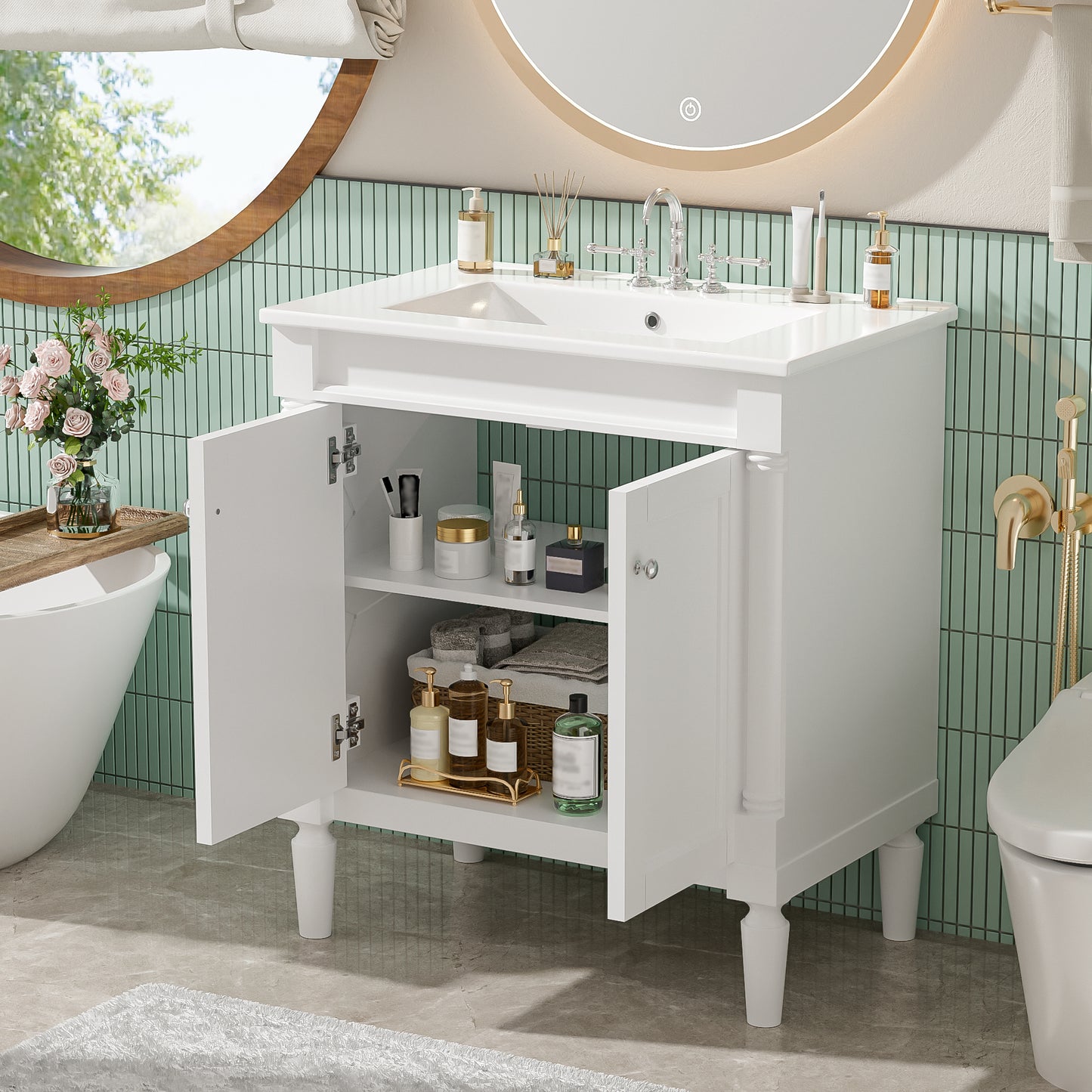 30   Luxurious Bathroom Vanity Cabinet With Ceramic Sink Basin, 30-Inch, Storage Cabinet With Soft Close Doors And Solid Wood Legs