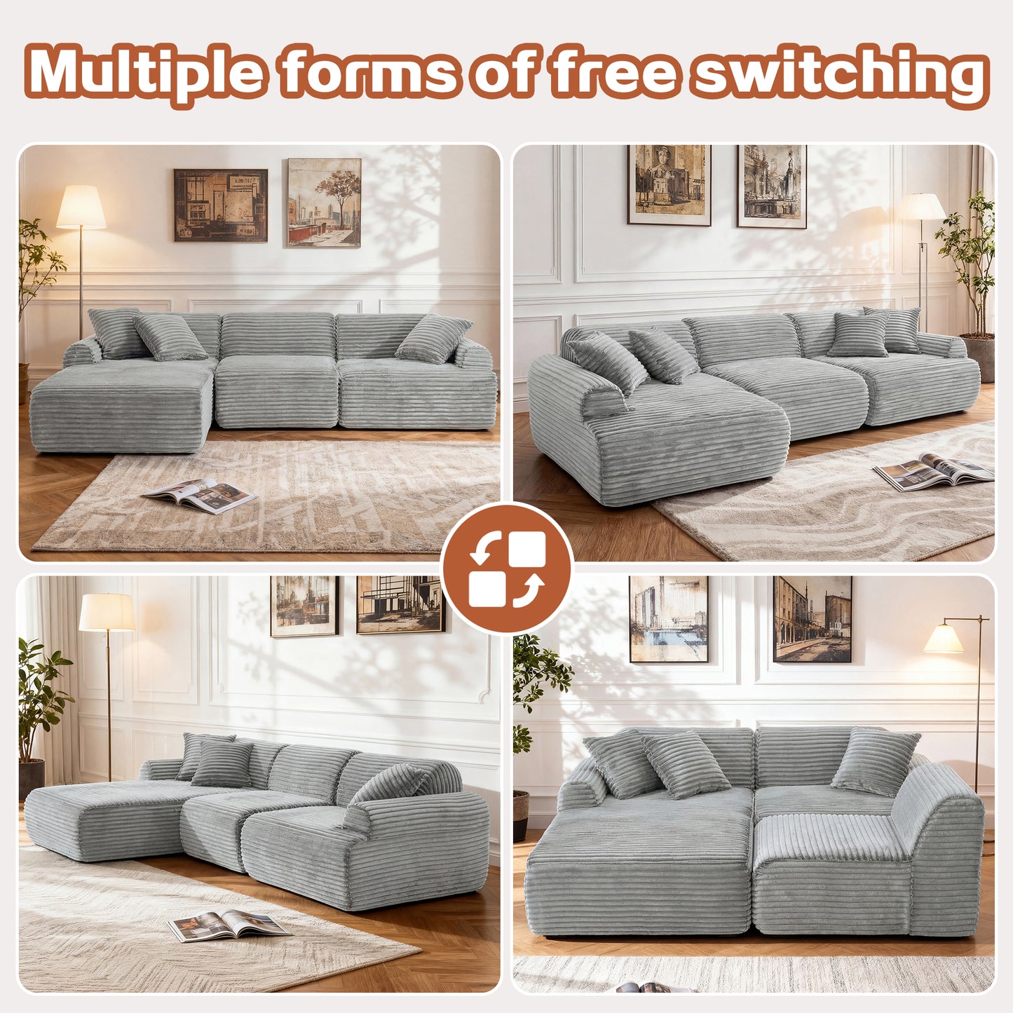 105'' Modular Sectional Sofa Couch ,Boneless Couch, Compressed Couch, Detachable And Washable, Replaceable Sofa Cover, Modern Woven-Textured Upholstery, Convertible L-Shaped Design For Living Room